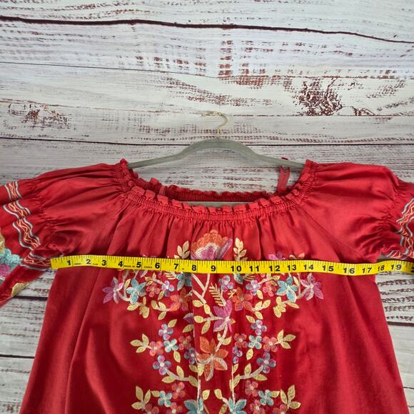 Free People Red Fleur Du Jour Mini Dress S Bold Floral Embroidered Boho Festival - Picture 12 of 14